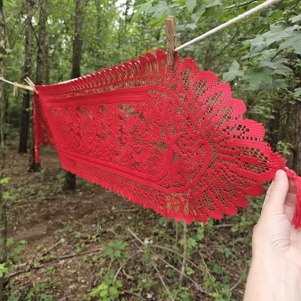 Cherry Red Floral Lace Table Runner with Tassel Fringe 48x13 Cottage Holiday